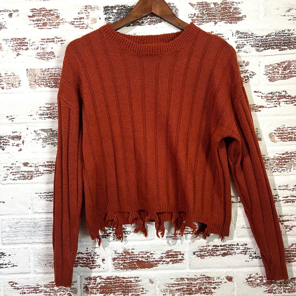 Runway Cropped Sweater Ribbed Burnt Orange Fringe Crew Neck Pullover Sz L